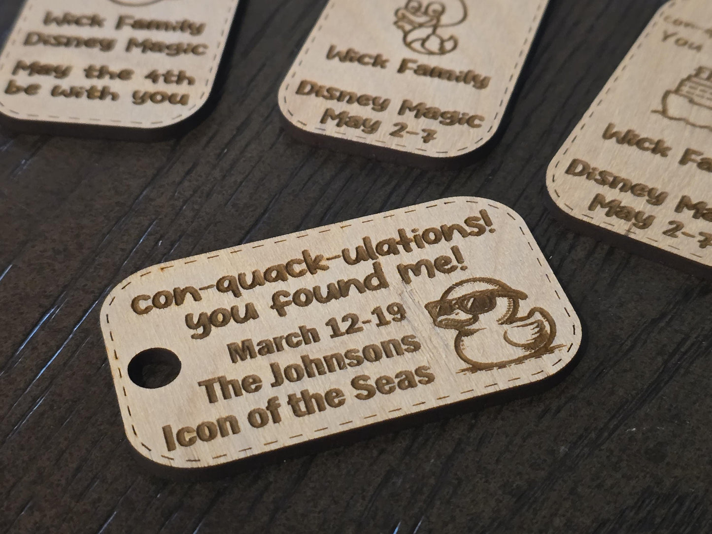 Custom Wooden Duck Tags: Cruise Ship Game, Laser Engraved - Set of 10