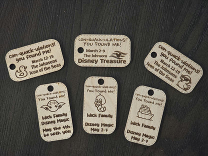 Custom Wooden Duck Tags: Cruise Ship Game, Laser Engraved - Set of 10